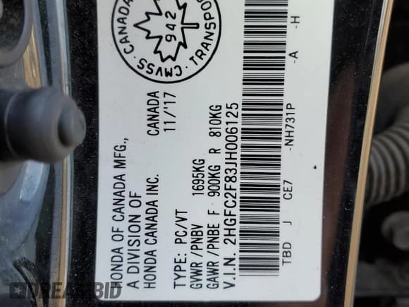 ✅ 2018 Honda Civic EX • VIN: 2HGFC2F83JH006125 • Lot: 69998675. Listed on Copart with Not provided. Free auction sales archive from the USA and detailed vehicle history report at DreamBid. Image 13.