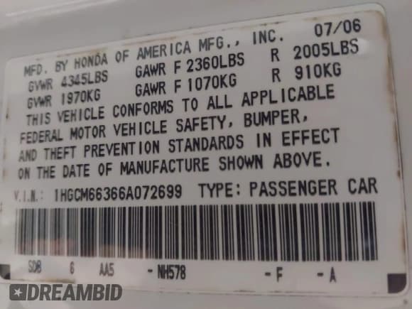 ✅ 2006 Honda Accord LX • VIN: 1HGCM66366A072699 • Lot: 42196423. Listed on IAAI with 151,300 mi. Free auction sales archive from the USA and detailed vehicle history report at DreamBid. Image 9.