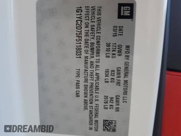 2015 Chevrolet Corvette 2LT с VIN 1G1YC2D75F5118031, выставлен на аукционе Copart как лот 76791894 с пробегом Не указан миль и Списание • Salvage title. История ставок и продаж доступна на DreamBid. Изображение 13.