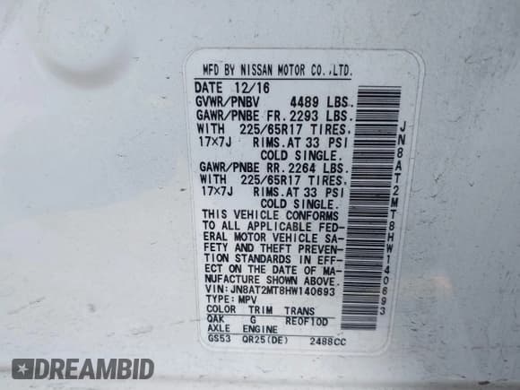 ✅ 2017 Nissan Rogue SV • VIN: JN8AT2MT8HW140693 • Lot: 43876295. Listed on IAAI with 213,601 mi. Free auction sales archive from the USA and detailed vehicle history report at DreamBid. Image 9.