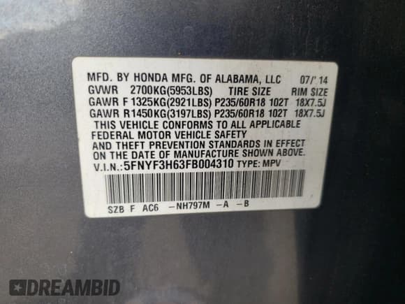 ✅ 2015 Honda Pilot EX-L • VIN: 5FNYF3H63FB004310 • Лот: 92857145. Опубликован ранее на Copart с пробегом 108 677 миль. Бесплатный доступ к архиву аукционных продаж из США и подробный отчёт об истории автомобиля на DreamBid. Изображение 14.