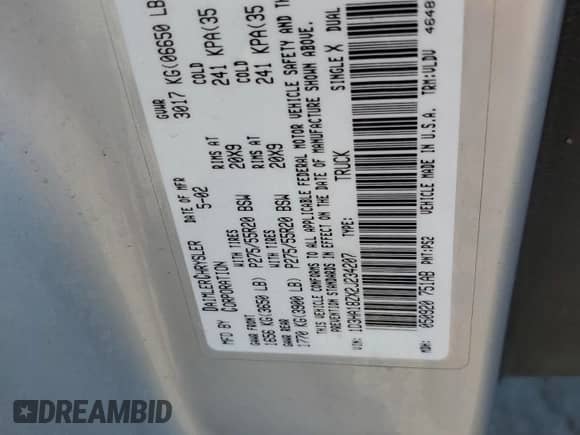 2002 Dodge 1500 ST z VIN 1D3HA18ZX2J234207, wystawiony jako Copart lot #69236524 z przebiegiem 207 249 mil mil oraz Czysty tytuł • Clean title. Historia ofert i sprzedaży dostępna na DreamBid. Obrazek 12.