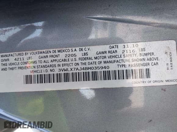 ✅ 2011 Volkswagen Jetta SEL • VIN: 3VWLX7AJ4BM035940 • Lot: 43735911. Listed on IAAI with 197,431 mi. Free auction sales archive from the USA and detailed vehicle history report at DreamBid. Image 9.