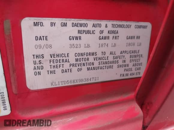 ✅ 2009 Chevrolet Aveo 1LT • VIN: KL1TD56EX9B384721 • Lot: 43623421. Wystawiony na IAAI z przebiegiem 106 799 mil. Bezpłatny archiwum sprzedaży aukcyjnych z USA i szczegółowy raport historii pojazdu na DreamBid. Zdjęcie 9.