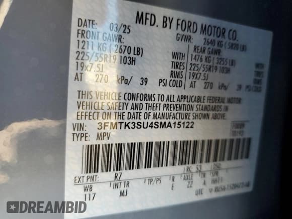 ✅ 2025 Ford Mustang Mach-E Premium • VIN: 3FMTK3SU4SMA15122 • Лот: 90762465. Опубликован ранее на Copart с пробегом Не указан. Бесплатный доступ к архиву аукционных продаж из США и подробный отчёт об истории автомобиля на DreamBid. Изображение 13.