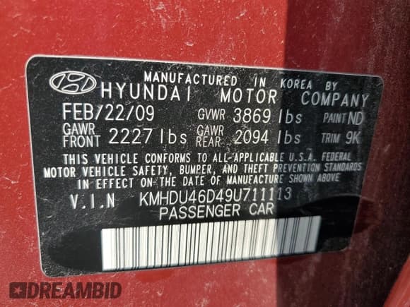 ✅ 2009 Hyundai Elantra GLS • VIN: KMHDU46D49U711113 • Lot: 69515205. Listed on Copart with 116,757 mi. Free auction sales archive from the USA and detailed vehicle history report at DreamBid. Image 12.
