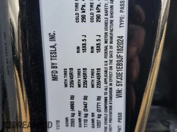 ✅ 2018 Tesla Model 3 Long Range Battery • VIN: 5YJ3E1EB9JF182024 • Lot: 90928025. Wystawiony na Copart z przebiegiem 44 666 mil. Bezpłatny archiwum sprzedaży aukcyjnych z USA i szczegółowy raport historii pojazdu na DreamBid. Zdjęcie 12.