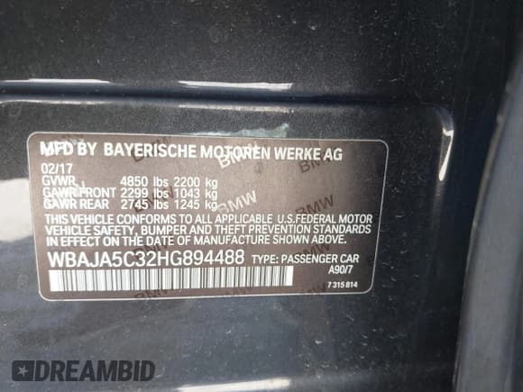 ✅ 2017 BMW 5 Series 530i • VIN: WBAJA5C32HG894488 • Lot: 42673148. Listed on IAAI with 150,326 mi. Free auction sales archive from the USA and detailed vehicle history report at DreamBid. Image 9.