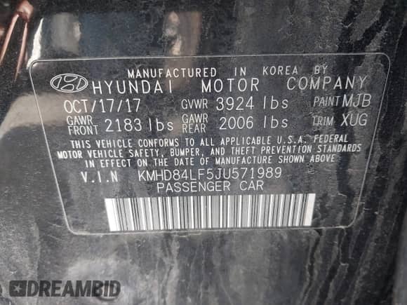 2018 Hyundai Elantra Value Edition with VIN KMHD84LF5JU571989, listed as a IAAI auction lot 41599911 with 128,020 mi miles and . Bid and sale history available at DreamBid. Image 9.