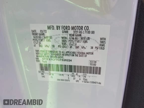 ✅ 2012 Ford F-150 XL • VIN: 1FTFX1CF7CFB26224 • Lot: 41718203. Listed on IAAI with 332,432 mi. Free auction sales archive from the USA and detailed vehicle history report at DreamBid. Image 9.