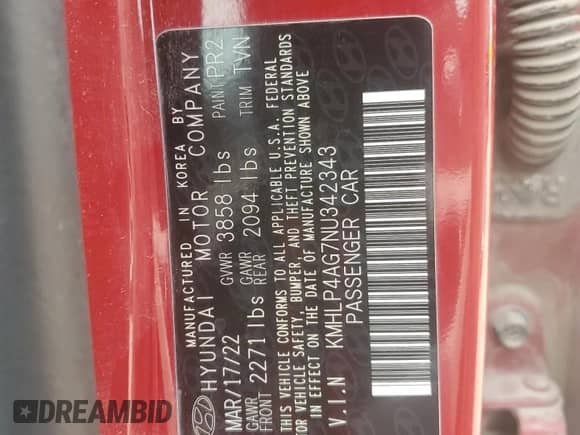 2022 Hyundai Elantra Limited with VIN KMHLP4AG7NU342343, listed as a Copart auction lot 71082485 with 60,741 mi miles and Clean title. Bid and sale history available at DreamBid. Image 12.