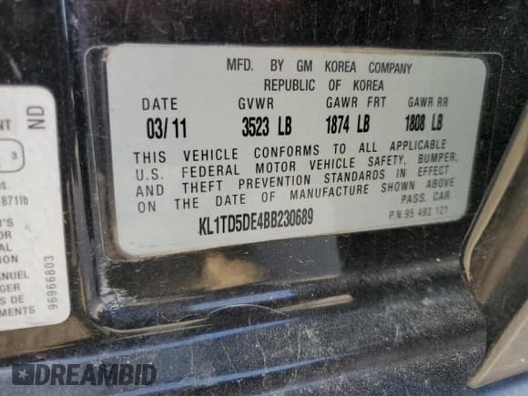 ✅ 2011 Chevrolet Aveo 1LT • VIN: KL1TD5DE4BB230689 • Lot: 86764754. Wystawiony na Copart z przebiegiem 128 017 mil. Bezpłatny archiwum sprzedaży aukcyjnych z USA i szczegółowy raport historii pojazdu na DreamBid. Zdjęcie 12.