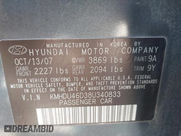 ✅ 2008 Hyundai Elantra GLS • VIN: KMHDU46D38U340833 • Lot: 43453130. Listed on IAAI with 75,376 mi. Free auction sales archive from the USA and detailed vehicle history report at DreamBid. Image 9.