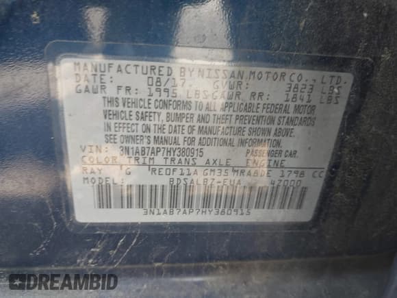 ✅ 2017 Nissan Sentra S • VIN: 3N1AB7AP7HY380915 • Лот: 42082034. Опубликован ранее на IAAI с пробегом 152 808 миль. Бесплатный доступ к архиву аукционных продаж из США и подробный отчёт об истории автомобиля на DreamBid. Изображение 11.