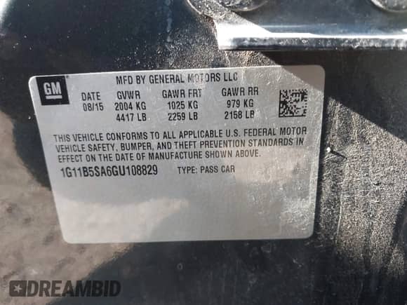 2016 Chevrolet Malibu LS with VIN 1G11B5SA6GU108829, listed as a IAAI auction lot 43527531 with 122,788 mi miles and . Bid and sale history available at DreamBid. Image 9.