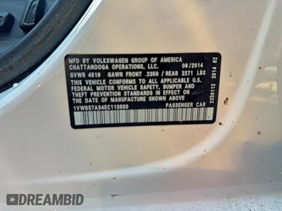 ✅ 2014 Volkswagen Passat SE • VIN: 1VWBS7A34EC113800 • Lot: 95758955. Listed on Copart with 102,669 mi. Free auction sales archive from the USA and detailed vehicle history report at DreamBid. Image 10.