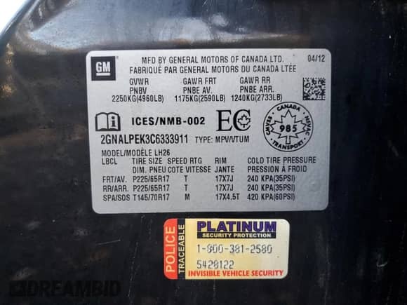 2012 Chevrolet Equinox 2LT with VIN 2GNALPEK3C6333911, listed as a Copart auction lot 89798045 with Not provided miles and Salvage title. Bid and sale history available at DreamBid. Image 13.