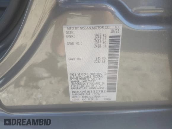 ✅ 2024 Nissan Altima SV • VIN: 1N4BL4DV3RN332792 • Лот: 43487095. Опубликован ранее на IAAI с пробегом 49 307 миль. Бесплатный доступ к архиву аукционных продаж из США и подробный отчёт об истории автомобиля на DreamBid. Изображение 9.