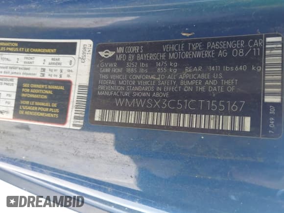 ✅ 2012 MINI Coupe S • VIN: WMWSX3C51CT155167 • Lot: 43751800. Listed on IAAI with Not provided. Free auction sales archive from the USA and detailed vehicle history report at DreamBid. Image 9.