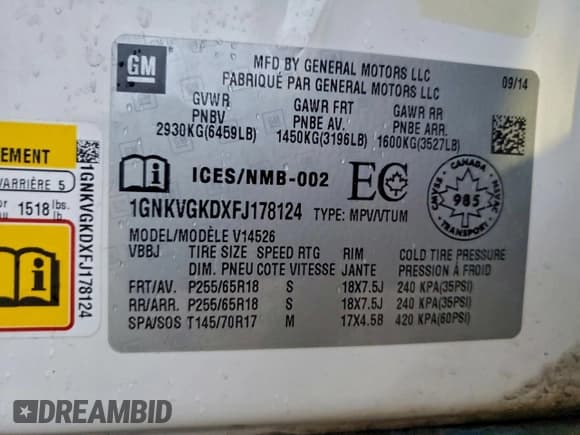 ✅ 2015 Chevrolet Traverse LT • VIN: 1GNKVGKDXFJ178124 • Lot: 89475385. Listed on Copart with 181,158 mi. Free auction sales archive from the USA and detailed vehicle history report at DreamBid. Image 13.