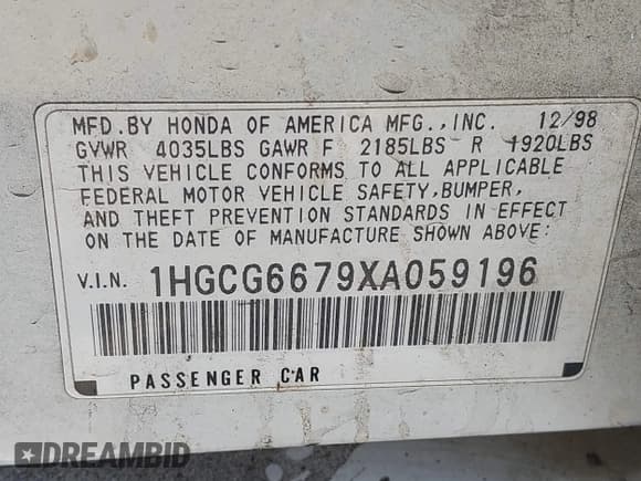 ✅ 1999 Honda Accord EX • VIN: 1HGCG6679XA059196 • Лот: 43042767. Опубликован ранее на IAAI с пробегом 256 679 миль. Бесплатный доступ к архиву аукционных продаж из США и подробный отчёт об истории автомобиля на DreamBid. Изображение 9.