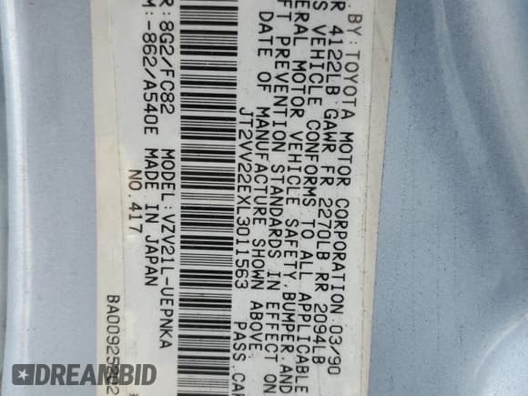 ✅ 1990 Toyota Camry • VIN: JT2VV22EXL3011563 • Lot: 46136565. Wystawiony na Copart z przebiegiem 63 819 mil. Bezpłatny archiwum sprzedaży aukcyjnych z USA i szczegółowy raport historii pojazdu na DreamBid. Zdjęcie 12.