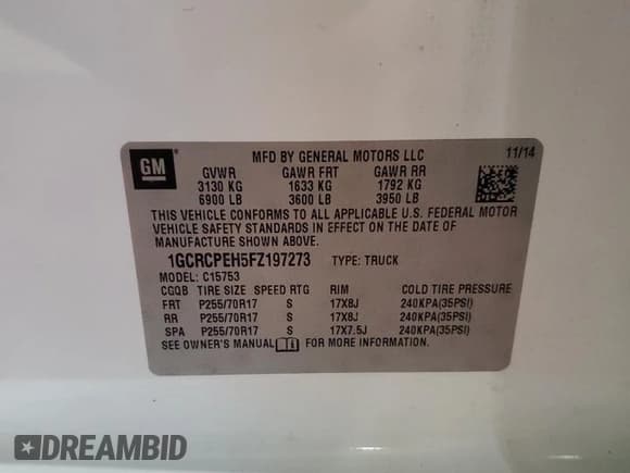 ✅ 2015 Chevrolet Silverado 1500 Work Truck • VIN: 1GCRCPEH5FZ197273 • Lot: 90234695. Listed on Copart with 273,721 mi. Free auction sales archive from the USA and detailed vehicle history report at DreamBid. Image 12.