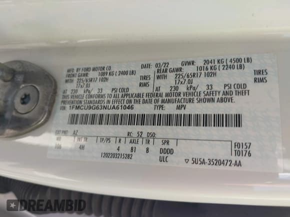 ✅ 2022 Ford Escape SE • VIN: 1FMCU9G63NUA61046 • Lot: 43657937. Listed on IAAI with 163,087 mi. Free auction sales archive from the USA and detailed vehicle history report at DreamBid. Image 9.