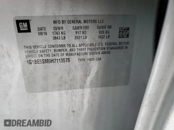 ✅ 2017 Chevrolet Cruze LT • VIN: 1G1BE5SM9H7113576 • Lot: 38379763. Listed on Copart with 35,357 mi. Free auction sales archive from the USA and detailed vehicle history report at DreamBid. Image 14.