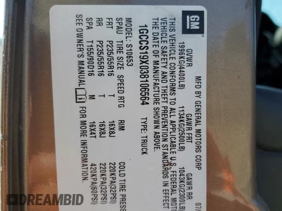 ✅ 2003 Chevrolet S-10 LS • VIN: 1GCCS19X038106564 • Лот: 46473045. Опубликован ранее на Copart с пробегом 159 955 миль. Бесплатный доступ к архиву аукционных продаж из США и подробный отчёт об истории автомобиля на DreamBid. Изображение 12.