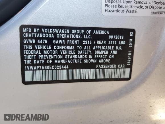 ✅ 2014 Volkswagen Passat S • VIN: 1VWAP7A30EC023444 • Lot: 47019625. Wystawiony na Copart z przebiegiem 122 982 mil. Bezpłatny archiwum sprzedaży aukcyjnych z USA i szczegółowy raport historii pojazdu na DreamBid. Zdjęcie 12.