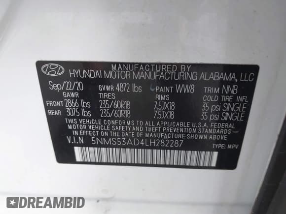 ✅ 2020 Hyundai Santa Fe Limited • VIN: 5NMS53AD4LH282287 • Lot: 42611336. Wystawiony na IAAI z przebiegiem 75 284 mil. Bezpłatny archiwum sprzedaży aukcyjnych z USA i szczegółowy raport historii pojazdu na DreamBid. Zdjęcie 9.