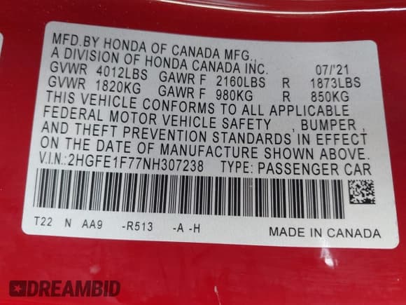 ✅ 2022 Honda Civic EX • VIN: 2HGFE1F77NH307238 • Lot: 43679134. Listed on IAAI with Not provided. Free auction sales archive from the USA and detailed vehicle history report at DreamBid. Image 9.