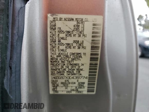 ✅ 2003 Nissan Frontier XE • VIN: 1N6DD26TX3C439774 • Lot: 93788805. Wystawiony na Copart z przebiegiem Nie podano. Bezpłatny archiwum sprzedaży aukcyjnych z USA i szczegółowy raport historii pojazdu na DreamBid. Zdjęcie 12.