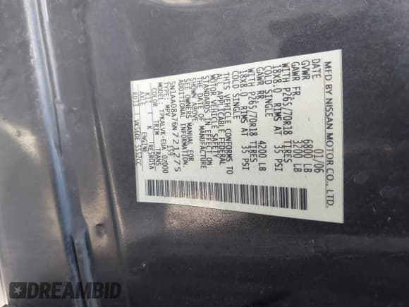 ✅ 2006 Nissan Armada SE • VIN: 5N1AA08A76N721275 • Lot: 43691215. Listed on IAAI with 178,946 mi. Free auction sales archive from the USA and detailed vehicle history report at DreamBid. Image 9.