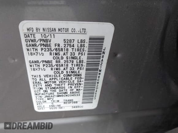 ✅ 2012 Nissan Murano SV • VIN: JN8AZ1MW6CW204533 • Лот: 42701795. Опубликован ранее на IAAI с пробегом 137 336 миль. Бесплатный доступ к архиву аукционных продаж из США и подробный отчёт об истории автомобиля на DreamBid. Изображение 9.