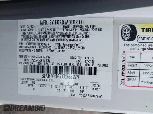 ✅ 2012 Ford Fusion SE • VIN: 3FAHP0HG7CR368279 • Lot: 42288523. Listed on IAAI with 176,808 mi. Free auction sales archive from the USA and detailed vehicle history report at DreamBid. Image 9.