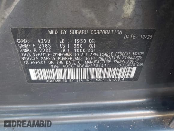 ✅ 2021 Subaru Impreza • VIN: 4S3GTAB64M3704414 • Lot: 43489450. Listed on IAAI with 98,454 mi. Free auction sales archive from the USA and detailed vehicle history report at DreamBid. Image 9.