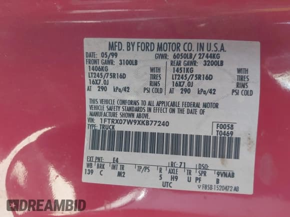 ✅ 1999 Ford F-150 • VIN: 1FTRX07W9XKB77240 • Lot: 42841592. Listed on IAAI with Not provided. Free auction sales archive from the USA and detailed vehicle history report at DreamBid. Image 9.