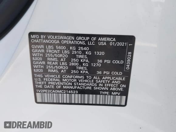 ✅ 2021 Volkswagen Atlas SE • VIN: 1V2PE2CA0MC214523 • Lot: 43548933. Listed on IAAI with 48,745 mi. Free auction sales archive from the USA and detailed vehicle history report at DreamBid. Image 9.