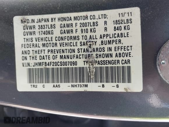 ✅ 2012 Honda Civic • VIN: JHMFB4F20CS007090 • Lot: 42157520. Listed on IAAI with 286,751 mi. Free auction sales archive from the USA and detailed vehicle history report at DreamBid. Image 9.