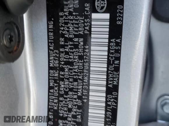 2023 Toyota Camry Hybrid XLE with VIN 4T1F31AK2PU617244, listed as a Copart auction lot 68340875 with 35,063 mi miles and Salvage title. Bid and sale history available at DreamBid. Image 12.