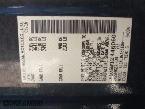 ✅ 2016 Nissan Maxima Platinum • VIN: 1N4AA6AP1GC446060 • Lot: 42320393. Listed on IAAI with 168,157 mi. Free auction sales archive from the USA and detailed vehicle history report at DreamBid. Image 9.