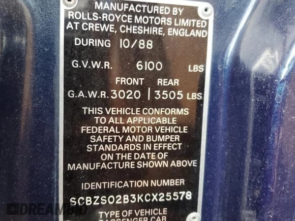 ✅ 1989 Bentley Mulsanne • VIN: SCBZS02B3KCX25578 • Lot: 66986435. Wystawiony na Copart z przebiegiem 117 772 mil. Bezpłatny archiwum sprzedaży aukcyjnych z USA i szczegółowy raport historii pojazdu na DreamBid. Zdjęcie 12.