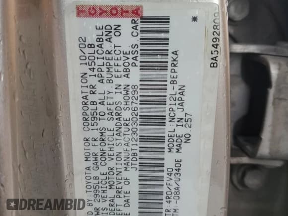 ✅ 2003 Toyota ECHO • VIN: JTDBT123030267298 • Lot: 84405755. Listed on Copart with 264,438 mi. Free auction sales archive from the USA and detailed vehicle history report at DreamBid. Image 12.