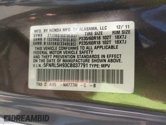 ✅ 2012 Honda Odyssey Touring • VIN: 5FNRL5H93CB037791 • Лот: 43678831. Опубликован ранее на IAAI с пробегом 241 470 миль. Бесплатный доступ к архиву аукционных продаж из США и подробный отчёт об истории автомобиля на DreamBid. Изображение 9.