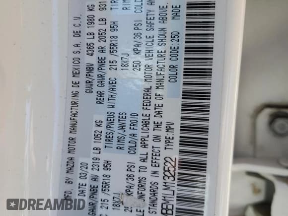 ✅ 2020 Mazda CX-30 Premium • VIN: 3MVDMBEM1LM132522 • Lot: 60744914. Wystawiony na Copart z przebiegiem 30 308 mil. Bezpłatny archiwum sprzedaży aukcyjnych z USA i szczegółowy raport historii pojazdu na DreamBid. Zdjęcie 13.