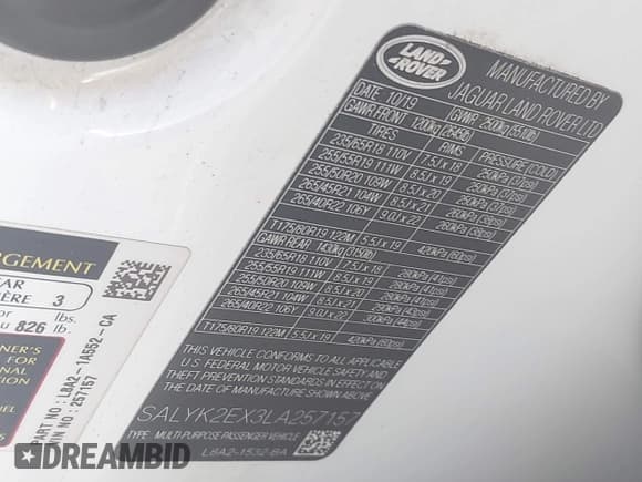 ✅ 2020 Land Rover Range Rover Velar R-Dynamic S • VIN: SALYK2EX3LA257157 • Лот: 43074342. Опубликован ранее на IAAI с пробегом 76 085 миль. Бесплатный доступ к архиву аукционных продаж из США и подробный отчёт об истории автомобиля на DreamBid. Изображение 9.