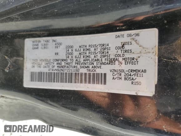 ✅ 1996 Toyota Tacoma • VIN: 4TAVN52N2TZ211192 • Lot: 69475965. Listed on Copart with 312,016 mi. Free auction sales archive from the USA and detailed vehicle history report at DreamBid. Image 12.