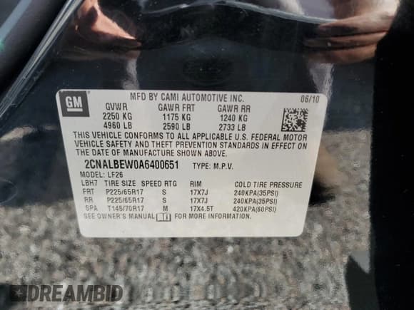 ✅ 2010 Chevrolet Equinox LS • VIN: 2CNALBEW0A6400651 • Лот: 68631264. Опубликован ранее на Copart с пробегом 112 549 миль. Бесплатный доступ к архиву аукционных продаж из США и подробный отчёт об истории автомобиля на DreamBid. Изображение 13.